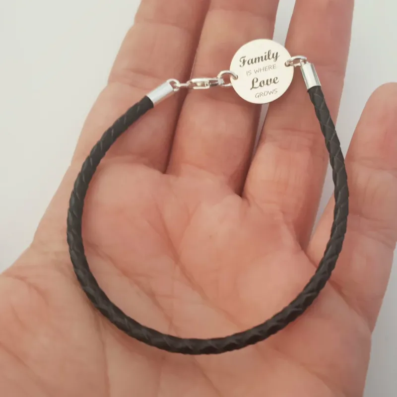 Bratara banut cu mesaj - Family is where love grows - Argint 925, piele neagra impletita picture - 7
