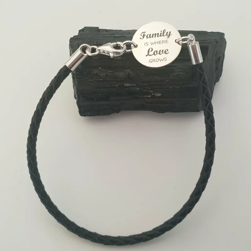 Bratara banut cu mesaj - Family is where love grows - Argint 925, piele neagra impletita picture - 3