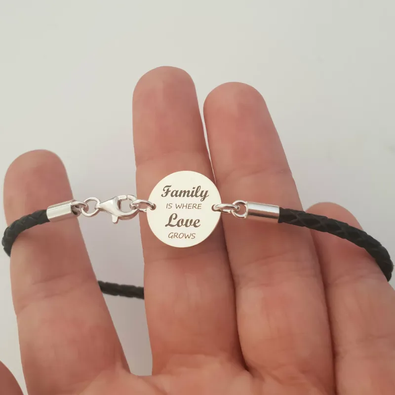 Bratara banut cu mesaj - Family is where love grows - Argint 925, piele neagra impletita picture - 5
