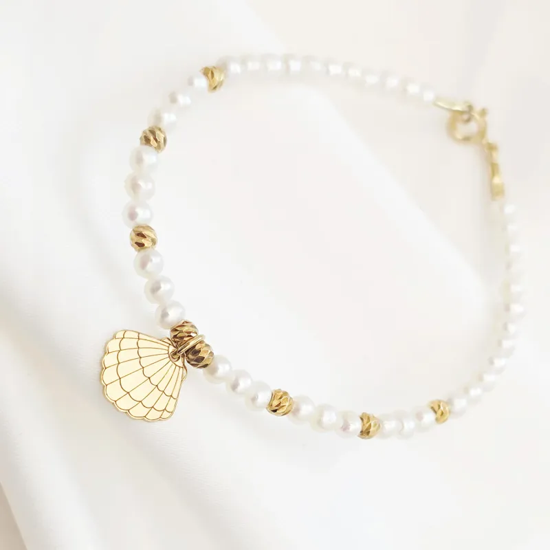 Bratara cu Perle - Charm scoica Venus - Model sirag perle cu 8 bilute - Argint 925 placat cu Aur Galben 18K picture - 3