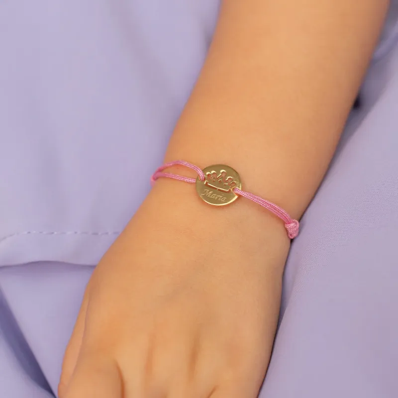 Bratara Mica printesa - Banut 12 mm personalizat cu nume - Aur Galben 14K - Snur reglabil, diverse culori picture - 2