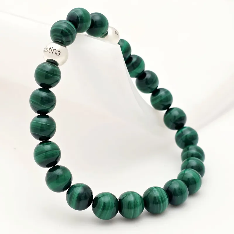 Bratara pietre semipretioase Malachit de 8 mm - Bilute din Argint 925 - Snur elastic picture - 3