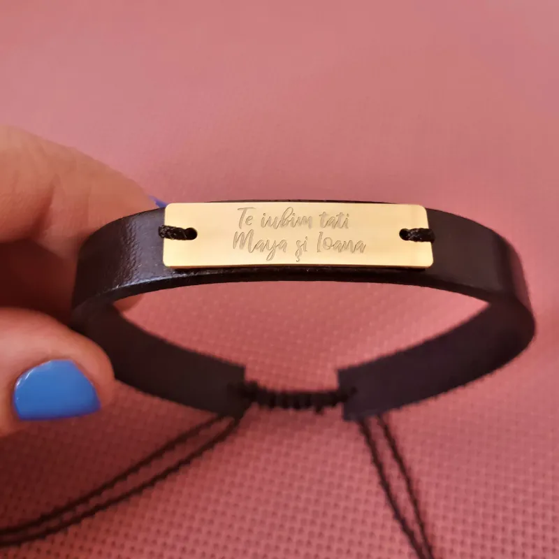 Bratara Te iubim tati si nume gravate - Argint 925 placat cu Aur 18k, piele picture - 7