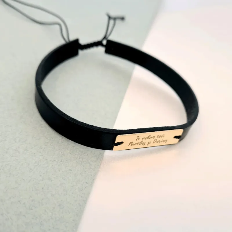 Bratara Te iubim tati si nume gravate - Argint 925 placat cu Aur 18k, piele picture - 2