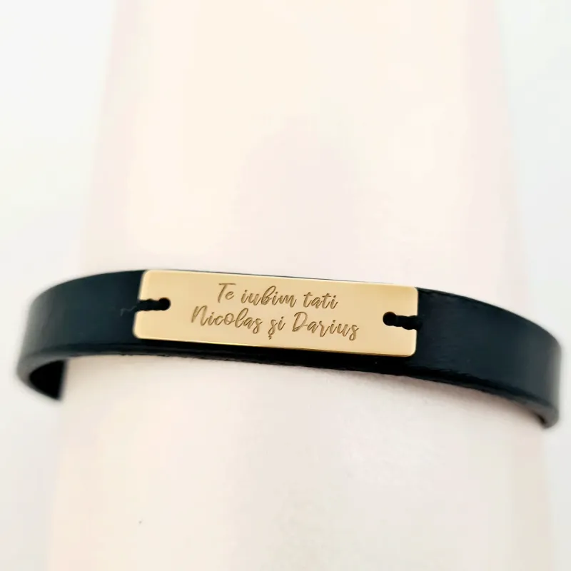 Bratara Te iubim tati si nume gravate - Argint 925 placat cu Aur 18k, piele picture - 3