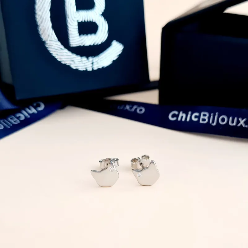 Cercei cu Diamante naturale - Pisica - Aur Alb 14K - Inchizatoare surub picture - 2