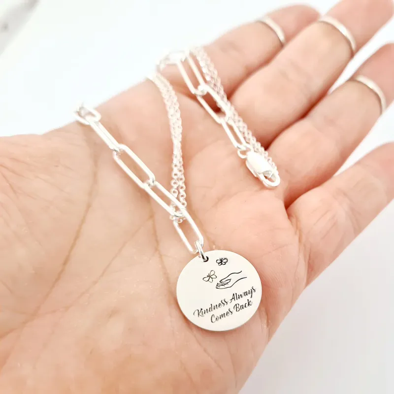 Colier personalizat - Kindness - Pandantive banut de 18 mm - Combinație lant cu zale dreptunghiulare cu lant subtire - Argint 925 picture - 8