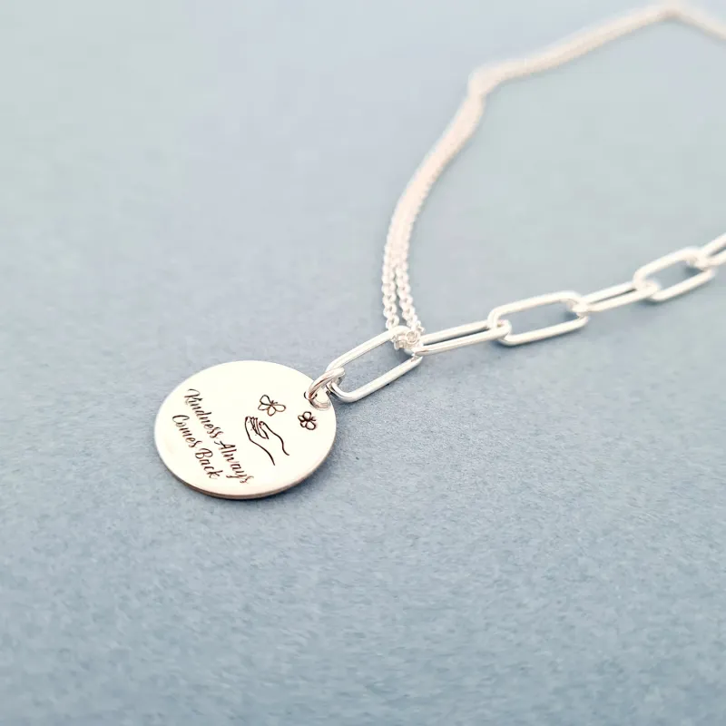 Colier personalizat - Kindness - Pandantive banut de 18 mm - Combinație lant cu zale dreptunghiulare cu lant subtire - Argint 925 picture - 7