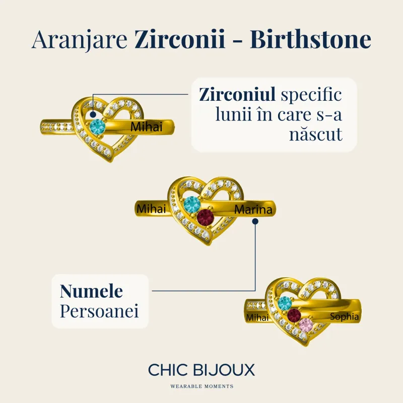 Inel Tre Amori - 3 nume si Cristale Zirconia - Argint 925 placat cu Aur Galben 18K picture - 5
