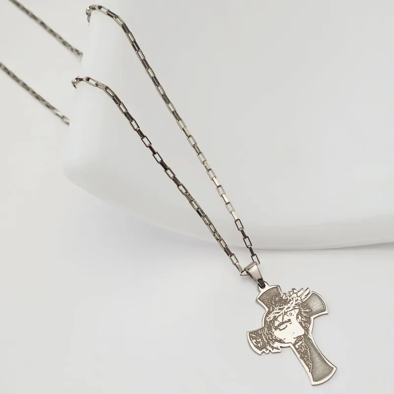 Lantisor Chipul lui Iisus pe crucea sfanta - Bijuterie cu Har pentru barbat - Argint 925 Rodiat - Lant cu zale groase picture - 2