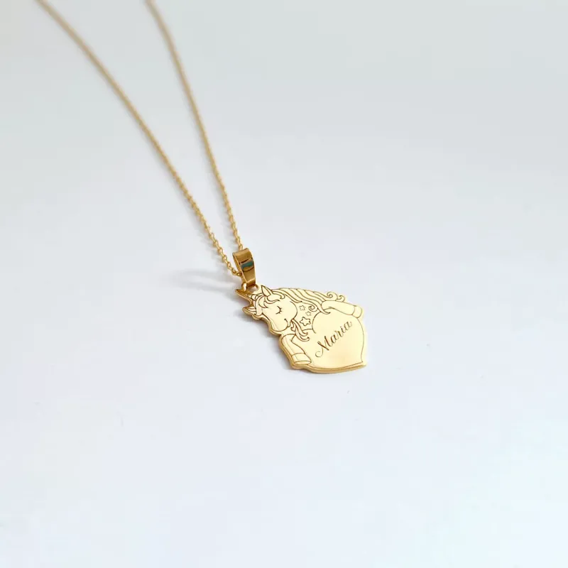 Lantisor personalizat cu nume - Pandantiv Unicorn si inima - Aur Galben 14K picture - 7