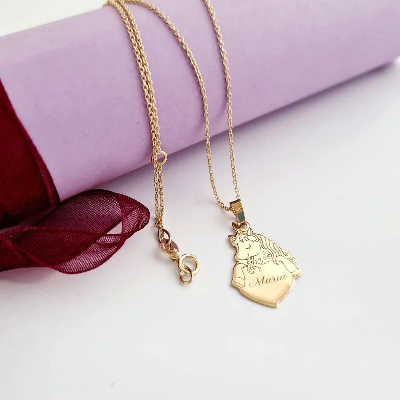 Lantisor personalizat cu nume - Pandantiv Unicorn si inima - Aur Galben 14K picture - 3