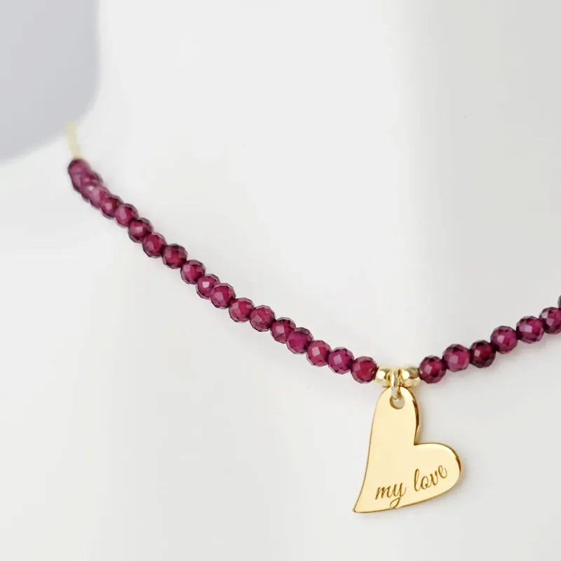 Lantisor My love - Pietre Granat & Pandantiv Inima - Argint placat cu Aur Galben 18K picture - 3