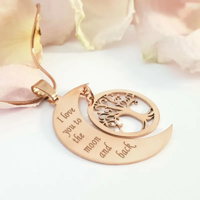 Lantisor personalizat - Luna si copacul vietii - Argint 925 placat cu Aur roz 18k picture - 2