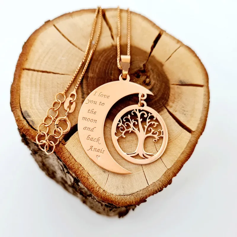 Lantisor personalizat - Luna si copacul vietii - Argint 925 placat cu Aur roz 18k picture - 9