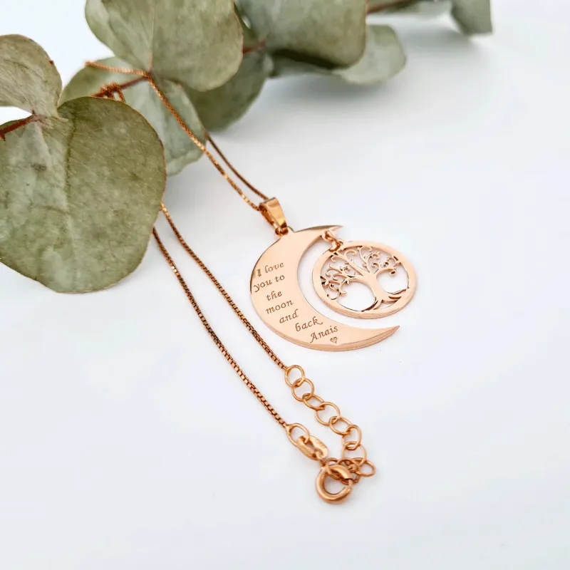 Lantisor personalizat - Luna si copacul vietii - Argint 925 placat cu Aur roz 18k picture - 5