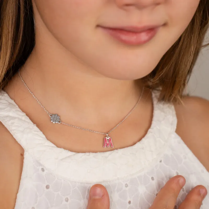 Lantisor Petale de Vis - Personalizat cu Initiala roz si floare - Argint 925 picture - 6