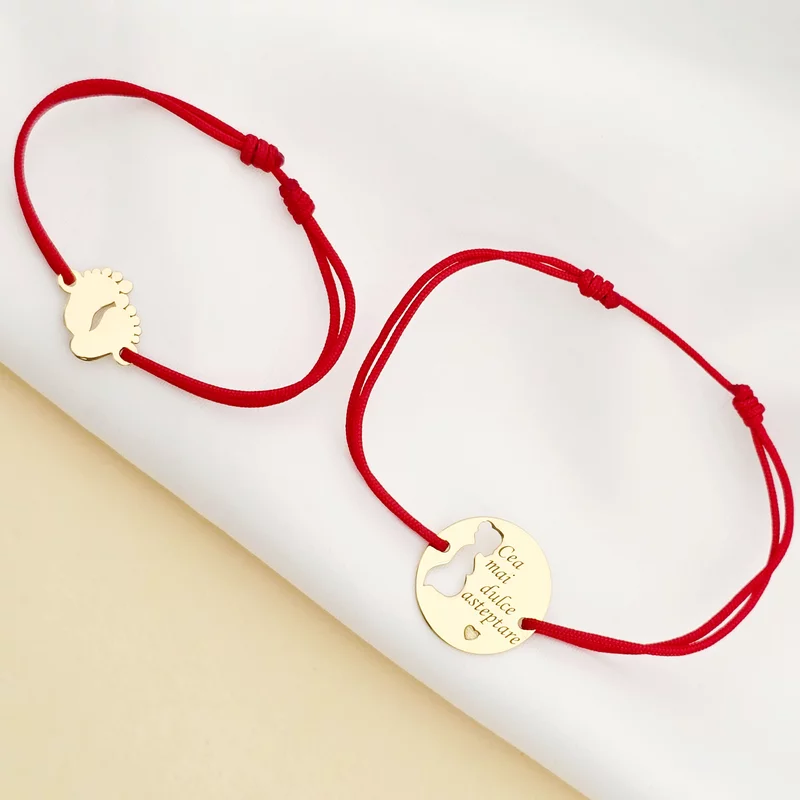 Set 2 bratari - Cea mai dulce asteptare - Bratara banut viitoare mamica 15 mm - Bratara picioruse 10x12 mm bebe - Argint 925 placat cu Aur Galben 18K - snur reglabil picture - 3