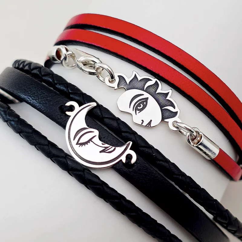 Set 2 bratari cu piele naturala rosie pentru EA si neagra pentru EL - Pandante Luna si Soare unite - Argint 925