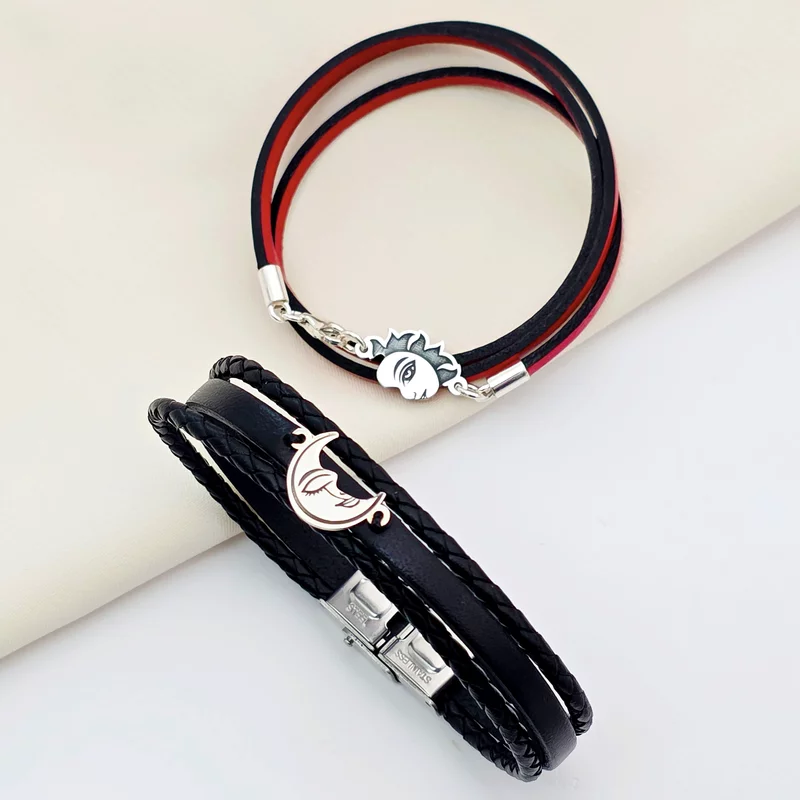 Set 2 bratari cu piele naturala rosie pentru EA si neagra pentru EL - Pandante Luna si Soare unite - Argint 925 picture - 5