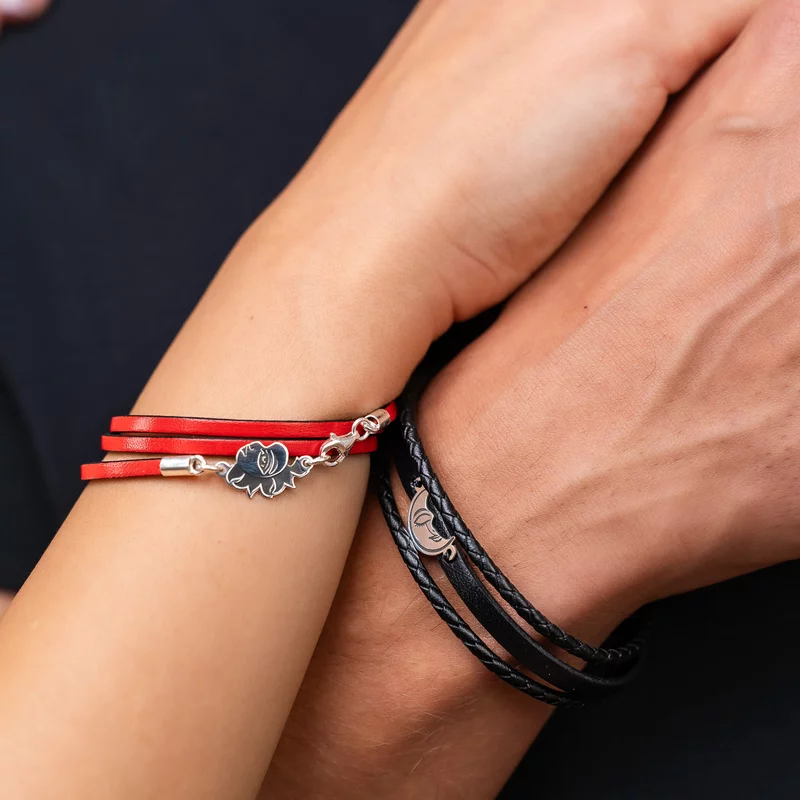 Set 2 bratari cu piele naturala rosie pentru EA si neagra pentru EL - Pandante Luna si Soare unite - Argint 925 picture - 4