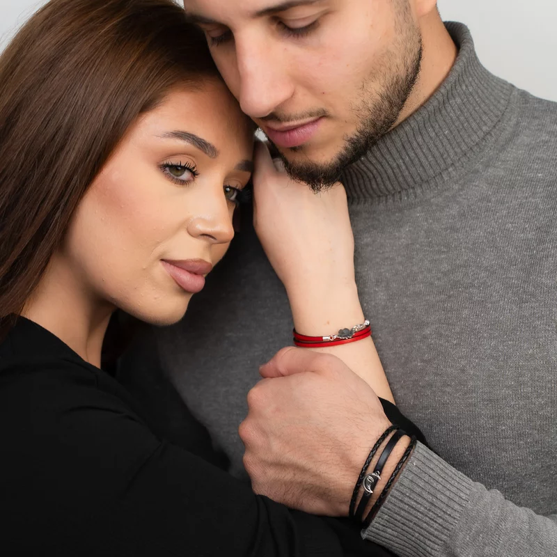 Set 2 bratari cu piele naturala rosie pentru EA si neagra pentru EL - Pandante Luna si Soare unite - Argint 925 picture - 2