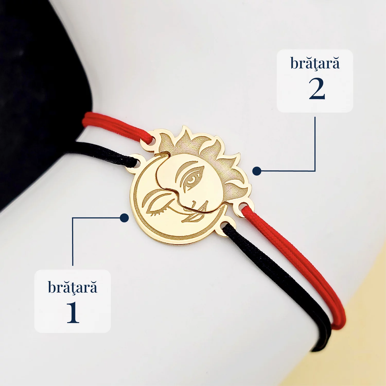 Set 2 bratari - Luna si Soare - modele unite - Argint 925 placat cu Aur Galben 18 K - snur reglabil