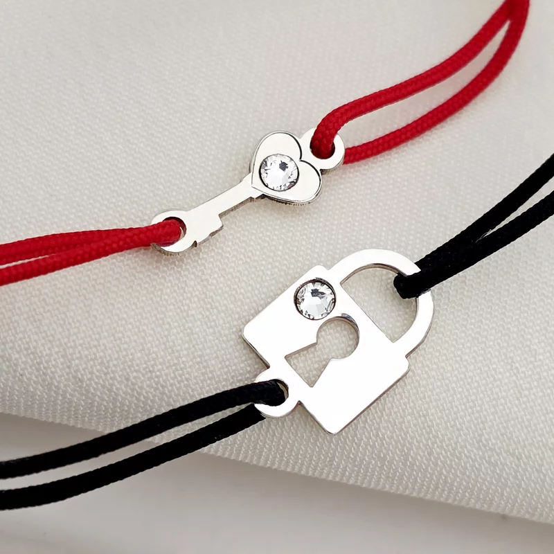Set 2 bratari - Model cuplu - Lacat si cheie - Argint 925 si cristale Swarovski - Snur reglabil diverse culori picture - 3