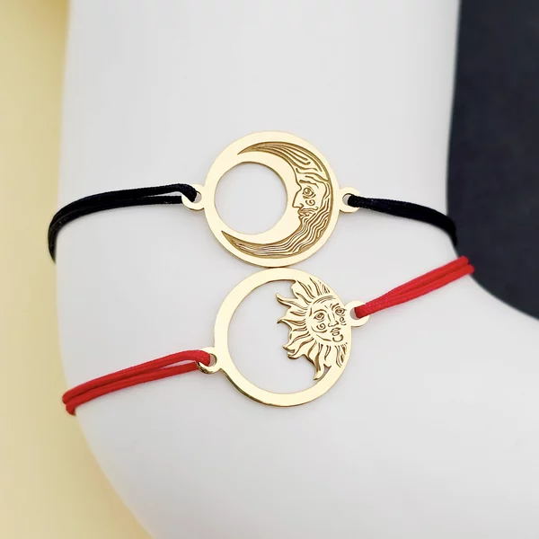 Set 2 bratari personalizate - Luna si Soare - Argint 925 placat cu Aur Galben 18K , snur reglabil
