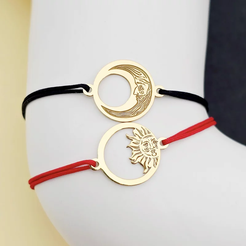 Set 2 bratari personalizate - Luna si Soare - Argint 925 placat cu Aur Galben 18K , snur reglabil