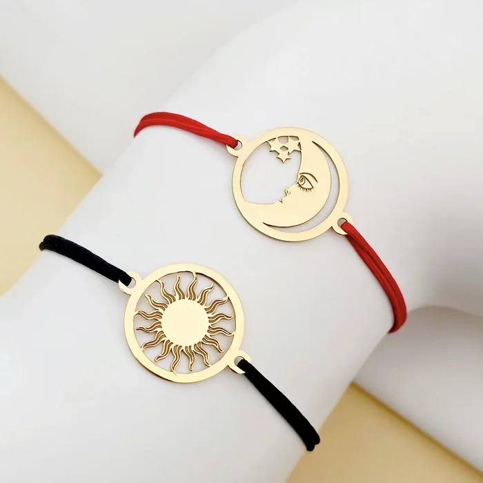 Set bratari - Charm Luna si Soare - Model disc de 15 mm - Argint 925 placat cu Aur Galben 18K