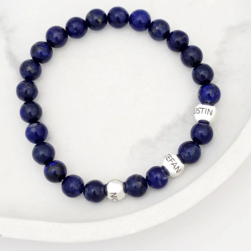 Set bratari Intelepciune - Pietre Lapis Lazuli & Bilute personalizate din Argint 925 - Snur elastic picture - 3