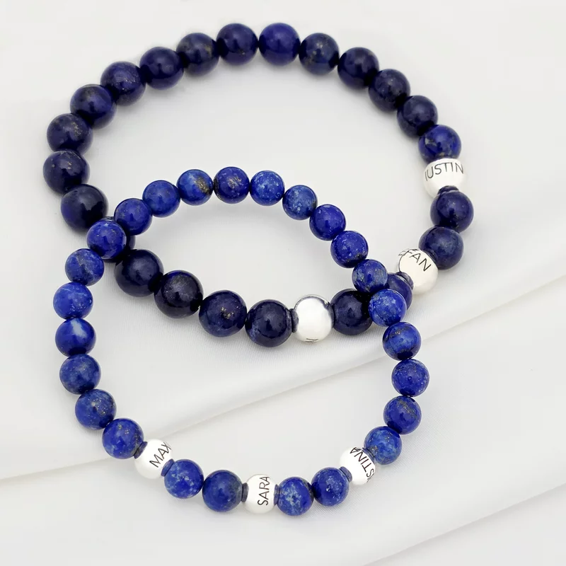 Set bratari Intelepciune - Pietre Lapis Lazuli & Bilute personalizate din Argint 925 - Snur elastic picture - 1