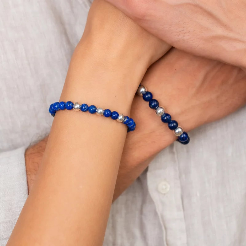 Set bratari Intelepciune - Pietre Lapis Lazuli & Bilute personalizate din Argint 925 - Snur elastic picture - 2