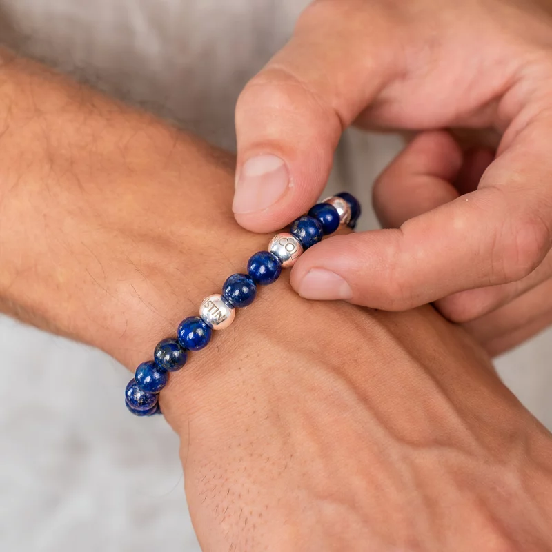 Set bratari Intelepciune - Pietre Lapis Lazuli & Bilute personalizate din Argint 925 - Snur elastic picture - 6