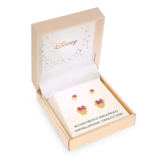 Set Cercei Disney Minnie Mouse - Otel Medical Inoxidabil Auriu si Cristale Roz