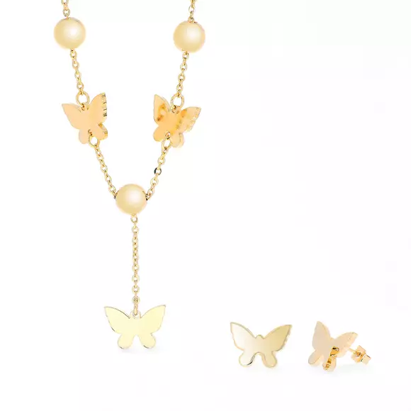 Set colier si cercei - Golden Butterflies - placat cu aur 18K