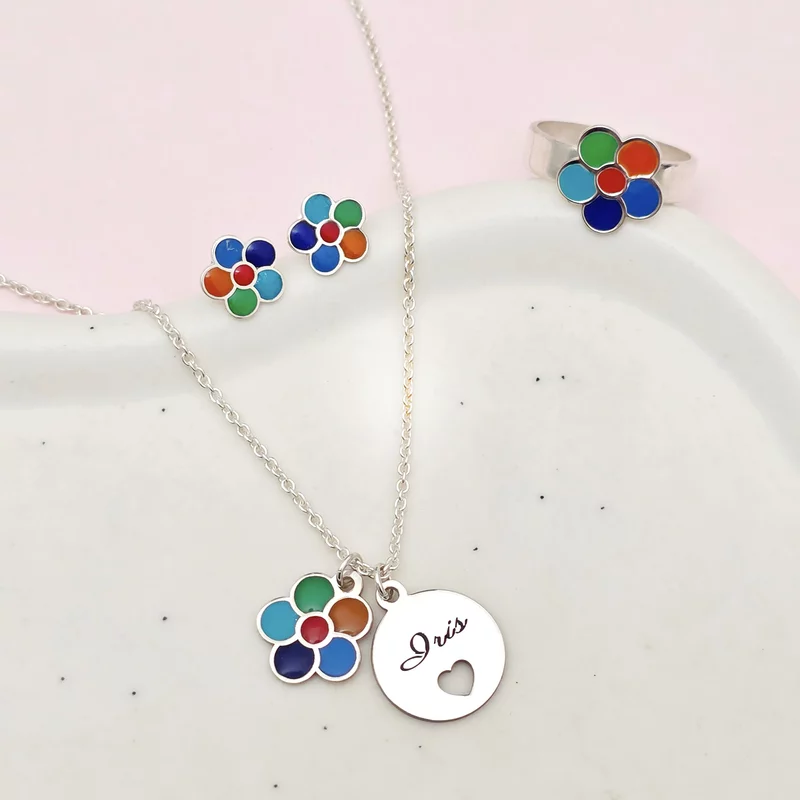 Set personalizat - Floare multicolora - Lantisor, cercei si inel - Argint 925