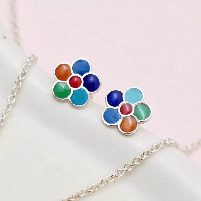 Set personalizat - Floare multicolora - Lantisor, cercei si inel - Argint 925 picture - 4