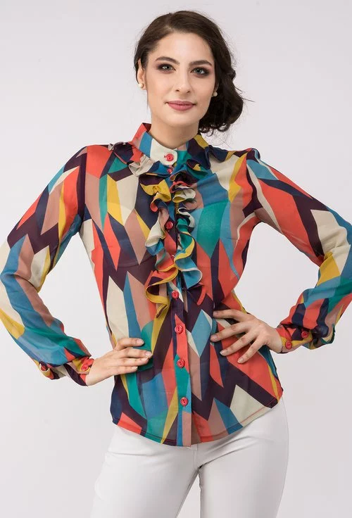 Bluza cu imprimeu geometric colorat si volanase Joy