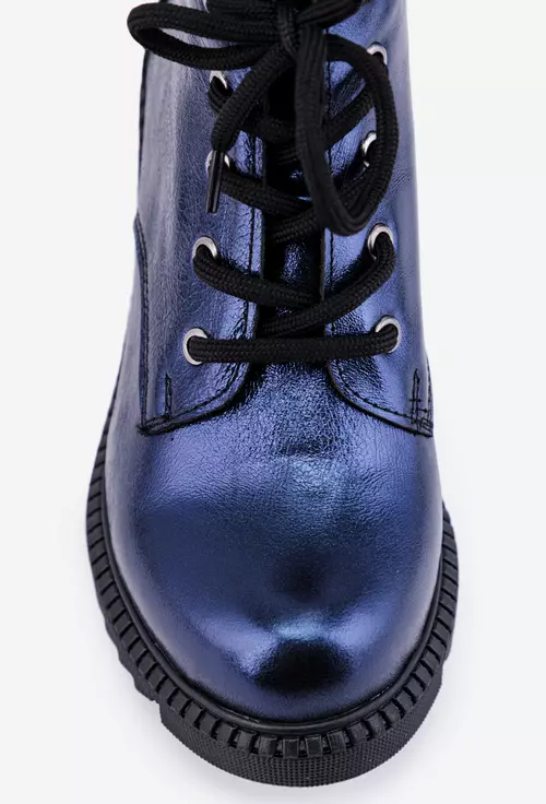 Botine dama albastre sidefate din piele cu toc gros