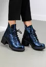 Botine dama albastre sidefate din piele cu toc gros