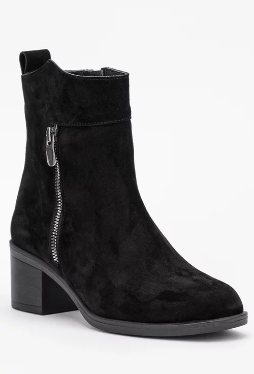 Botine dama negre din piele intoarsa cu fermoar decorativ