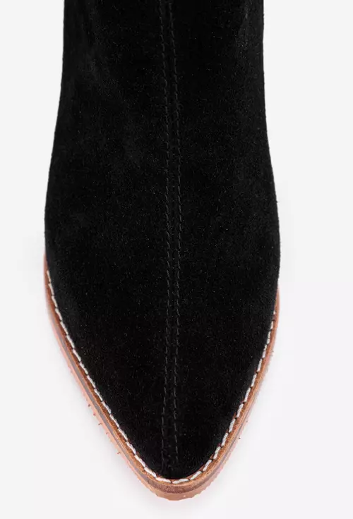 Botine dama negre din piele intoarsa cu varful ascutit