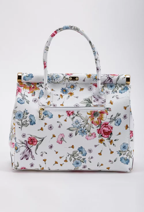 Geanta dama alba cu imprimeu floral din piele cu detaliu lacat