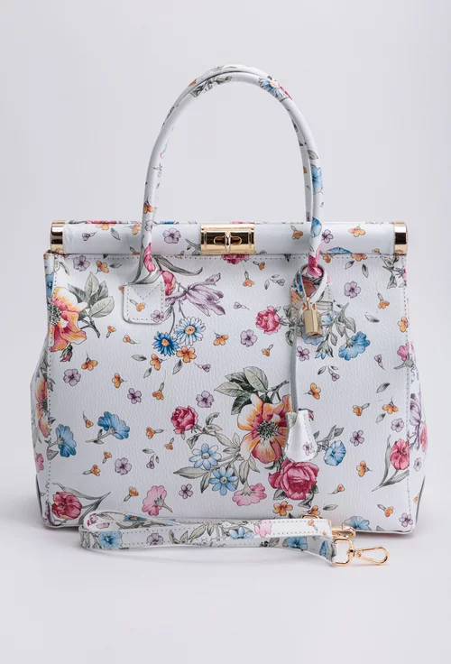 Geanta dama alba cu imprimeu floral din piele cu detaliu lacat