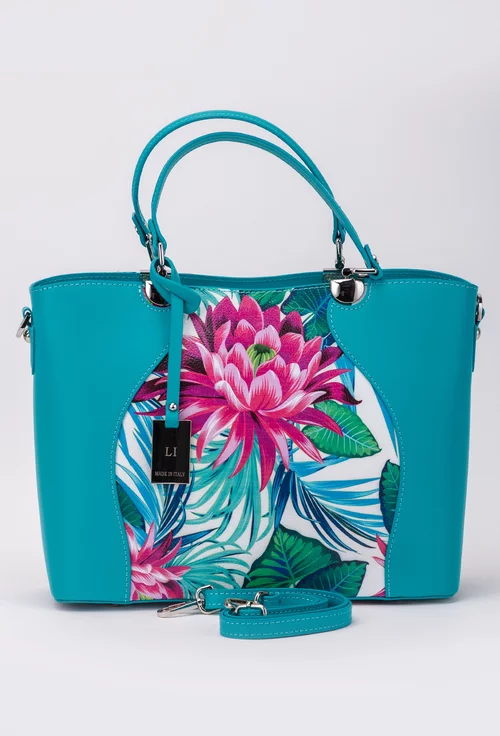 Geanta din piele turcoaz cu imprimeu floral