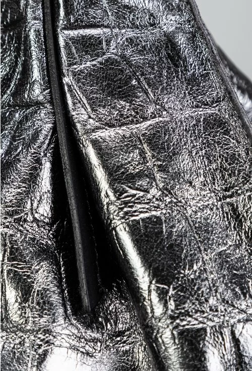 Geanta nuanta gri metalizat tip shopper din piele naturala