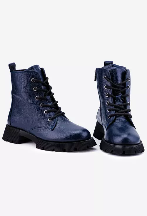 Ghete bleumarin din piele texturata cu siret si fermoar lateral