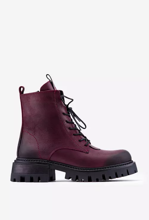 Ghete dama din piele burgundy cu siret si fermoar